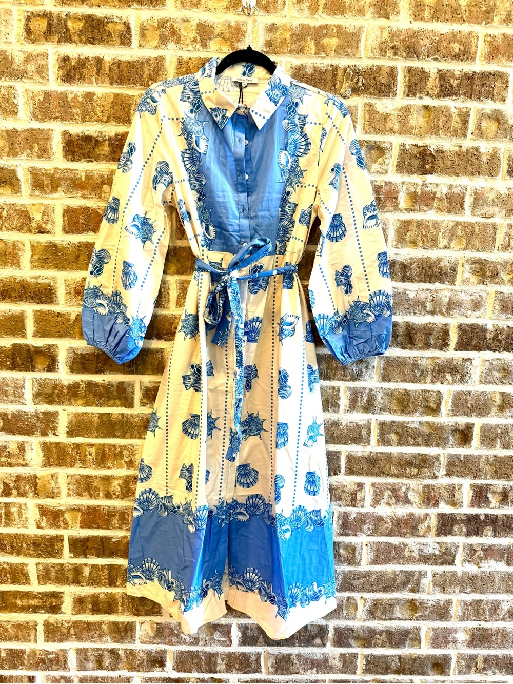 Celina Moon Anthropologie Blue White Seashell Print Midi Shirt Dress Belted M